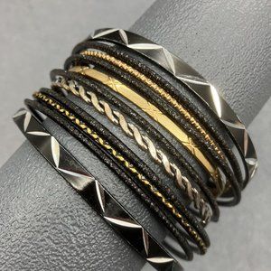 Bangle Bracelet Lot Of 11 Black Gold Silver Rope Cutaway X Sparkle Texture